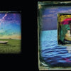 Left: A person in a red coat stands in a rowboat on grass beneath a vivid sky, with a horse beyond. Right: Echoing Fran Forman’s style, "Escape Artist" by Schiffer Publishing, Ltd. shows a woman and child with an umbrella floating on blue water.