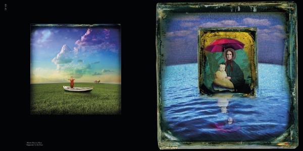 Left: A person in a red coat stands in a rowboat on grass beneath a vivid sky, with a horse beyond. Right: Echoing Fran Forman’s style, "Escape Artist" by Schiffer Publishing, Ltd. shows a woman and child with an umbrella floating on blue water.