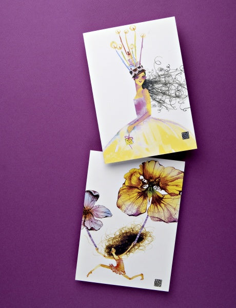 Celebrate contemporary stationery with "Today's Top Stationery Artists" by Schiffer Publishing, Ltd.—two illustrated postcards on purple, featuring a crowned woman in yellow and a girl flying with flower balloons, perfect for handwritten notes.