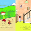 In this squarzi scene from Schiffer Publishing, Ltd., a red-haired child and a mouse jump rope outdoors on one side and play hide-and-seek indoors on the other, highlighting a cheerful message about embracing new experiences.