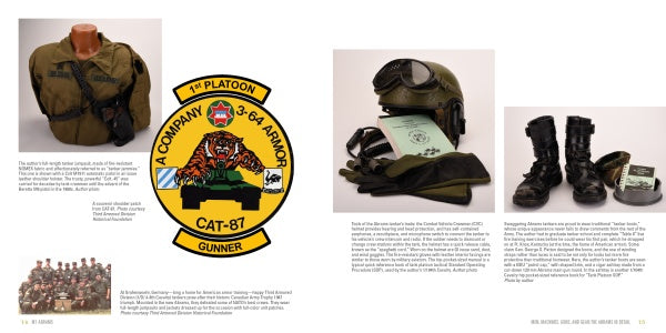 A display features a green jacket, 1st Platoon 3-64 Armor patch, helmet with goggles, documents, black combat boots, dog tag, group photo of soldiers, and M1 Abrams tank history from Schiffer Publishing, Ltd.