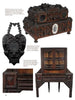 A Legacy in Tramp Art by Schiffer Publishing, Ltd. showcases ornately carved tramp art furniture—like a heart-shaped wall frame with portrait, a jewelry box, a glass-front cabinet, and a chair—all with intricate geometric patterns.