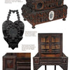 A Legacy in Tramp Art by Schiffer Publishing, Ltd. showcases ornately carved tramp art furniture—like a heart-shaped wall frame with portrait, a jewelry box, a glass-front cabinet, and a chair—all with intricate geometric patterns.