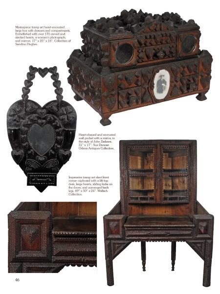 A Legacy in Tramp Art by Schiffer Publishing, Ltd. showcases ornately carved tramp art furniture—like a heart-shaped wall frame with portrait, a jewelry box, a glass-front cabinet, and a chair—all with intricate geometric patterns.