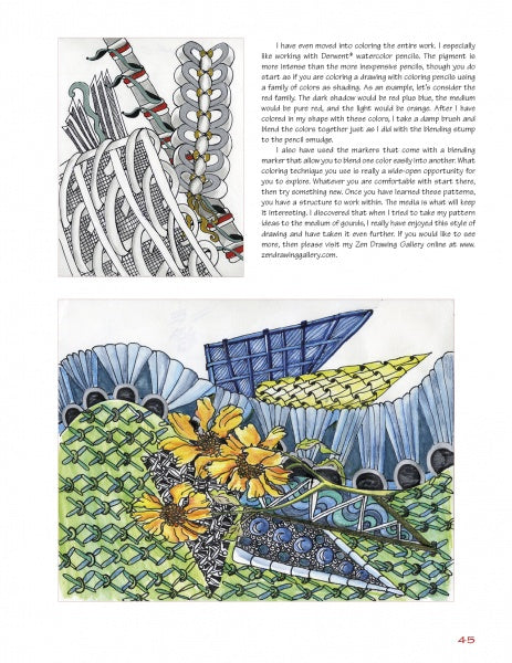 A page from Schiffer Publishing, Ltd.'s "Doodling Borders for Wood Burning, Gourds & Drawing" displays two abstract, flower-filled pattern drawings and a text column in the upper right, with page number 45 at the bottom right.