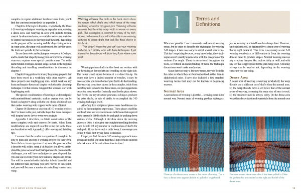 A spread from "3-D Hand Loom Weaving" by Schiffer Publishing, Ltd. shows columned text and two fabric illustrations labeled Normal Area and Dense Area, highlighting variations in thread positioning in handweaving techniques.
