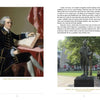On the left page of "Building Boston" by Schiffer Publishing, Ltd., John Hancock writes at a desk; on the right, a statue stands in grassy Copley Square among Boston landmarks. Explanatory text appears below each image.