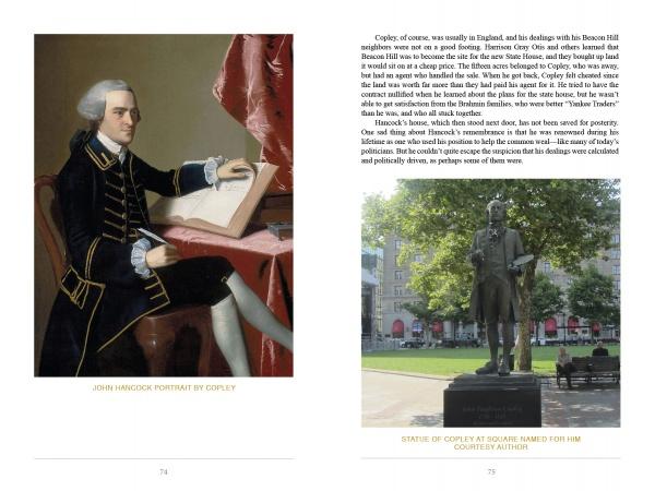 On the left page of "Building Boston" by Schiffer Publishing, Ltd., John Hancock writes at a desk; on the right, a statue stands in grassy Copley Square among Boston landmarks. Explanatory text appears below each image.