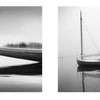 Sailboats by Schiffer Publishing, Ltd. features two black-and-white photos: one highlights a sailboat’s bow and its reflection, while the other shows an entire boat enveloped in misty calm waters.