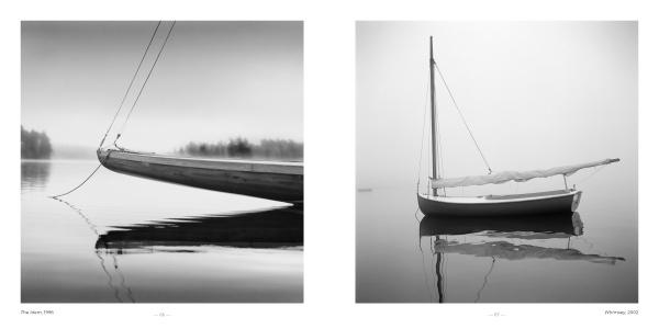 Sailboats by Schiffer Publishing, Ltd. features two black-and-white photos: one highlights a sailboat’s bow and its reflection, while the other shows an entire boat enveloped in misty calm waters.