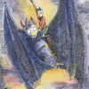 A cartoon armored figure rides a dark bat through a colorful sky, sword raised—art from the Shadowland Tarot by Schiffer Publishing, Ltd. "KNIGHT OF SWORDS" appears in yellow text at the bottom.