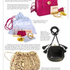 A magazine page showcases four elegant Exotic Skin handbags from Schiffer Publishing, Ltd.: pink textured, purple satin pouch with accessories, black crocodile-embossed, and beige snakeskin styles—all with gold accents and detailed descriptions.