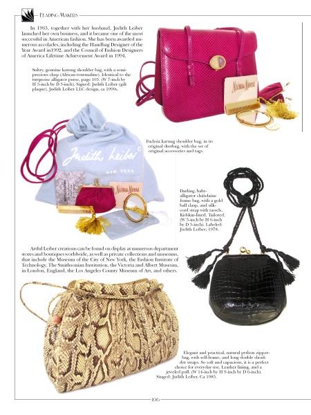 A magazine page showcases four elegant Exotic Skin handbags from Schiffer Publishing, Ltd.: pink textured, purple satin pouch with accessories, black crocodile-embossed, and beige snakeskin styles—all with gold accents and detailed descriptions.
