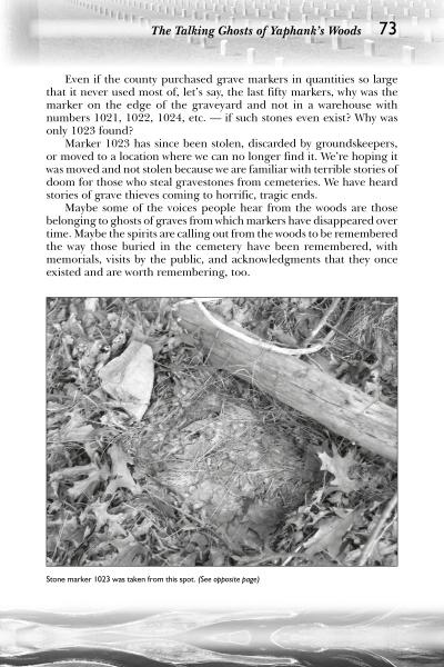 A black-and-white photo of a leaf-strewn forest floor centers on a stone marker, a spot featured in "Ghosts, Ghouls, & Monsters of Long Island" from Schiffer Publishing, Ltd.—a favorite site for local paranormal enthusiasts.