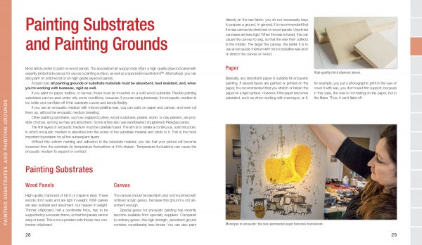 In "How to Create Encaustic Art" by Schiffer Publishing, Ltd., a spread covers painting substrates and grounds with encaustic techniques, featuring text, red headings, and photos of hands with paper and an artist painting a yellow abstract on a textured wall.