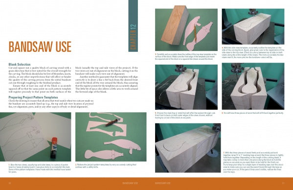 A magazine spread titled "Carving Marine Mammals with Power" by Schiffer Publishing, Ltd. offers step-by-step photos and instructions for preparing and cutting fish-shaped wood templates using a bandsaw, plus tips on blank selection and layout.
