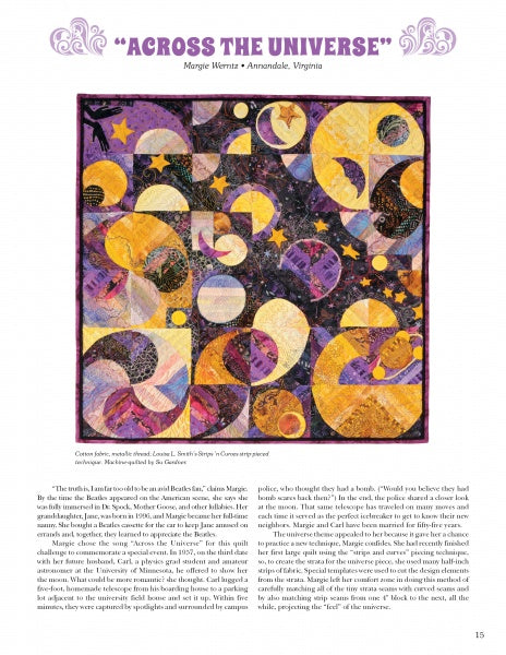 Inspired by the Beatles, from Schiffer Publishing, Ltd., is a colorful fiber art quilt with swirling shapes in vibrant purples, yellows, oranges, and whites, evoking a cosmic theme—a perfect keepsake for Beatles fans.