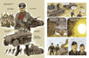In "Knights of the Skull, Vol. 2" by Schiffer Publishing, Ltd., a comic spread depicts a stern Nazi officer before a church and tanks, with German Panzer forces battling on the opposite page amid explosions and dramatic close-ups of tank treads.