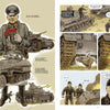 In "Knights of the Skull, Vol. 2" by Schiffer Publishing, Ltd., a comic spread depicts a stern Nazi officer before a church and tanks, with German Panzer forces battling on the opposite page amid explosions and dramatic close-ups of tank treads.