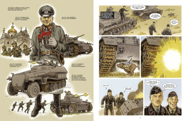 In "Knights of the Skull, Vol. 2" by Schiffer Publishing, Ltd., a comic spread depicts a stern Nazi officer before a church and tanks, with German Panzer forces battling on the opposite page amid explosions and dramatic close-ups of tank treads.