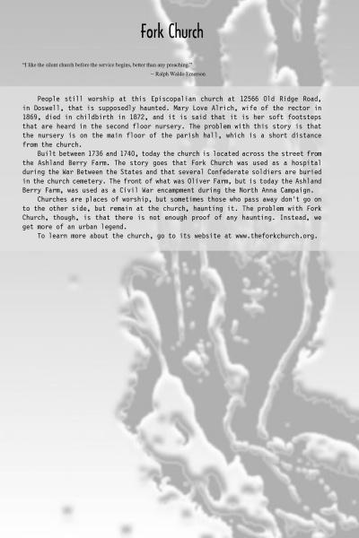 A grayscale flyer highlights Fork Church and its history, referencing "Haunted Richmond II" by Schiffer Publishing, Ltd., a Ralph Waldo Emerson quote, and a blurred organic background. The church’s website is also included.