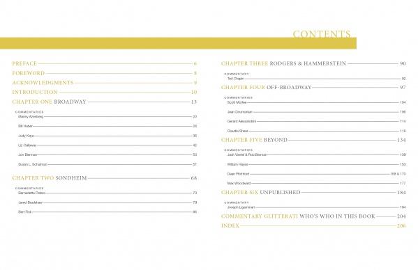 Fraver by Design from Schiffer Publishing, Ltd. features a two-page table of contents listing chapters like Broadway, Sondheim, and Off-Broadway, with page numbers in a classic serif font reminiscent of Broadway poster designs.
