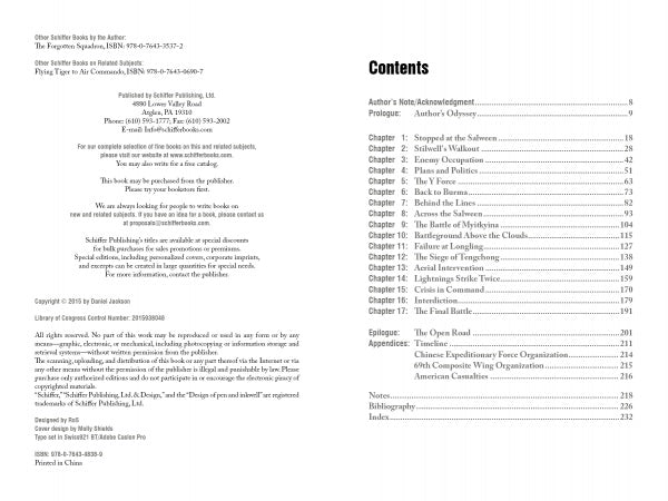 Two pages from "Famine, Sword, and Fire" by Schiffer Publishing, Ltd.: the left page lists publishing details and copyright; the right page shows the table of contents featuring chapters like “Chinese and Americans in WWII” and the Salween River battle.