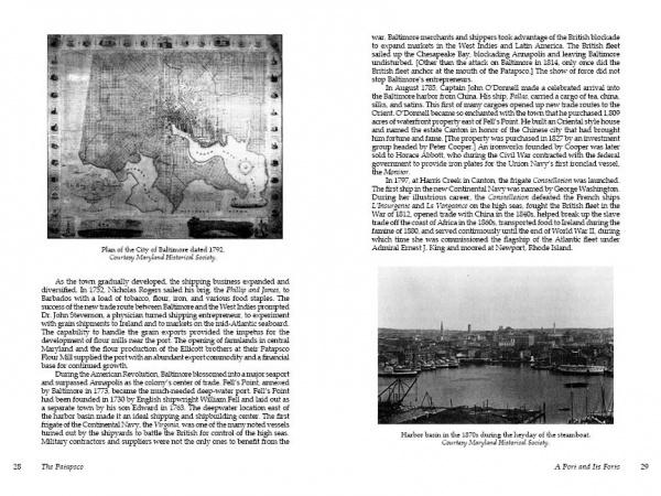A book spread from Schiffer Publishing’s "The Patapsco" features a 1796 historical Baltimore map on the left and an 1870s black-and-white photo of the harbor on the right, with descriptive text about Maryland history.