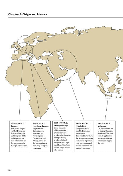 A beige world map from Schiffer Publishing, Ltd.'s "Damascus Steel" highlights Europe, the Middle East, and Asia with callouts on rifle origins (350 B.C.–1250 A.D.), blacksmithing, and Damascus steel forging techniques.