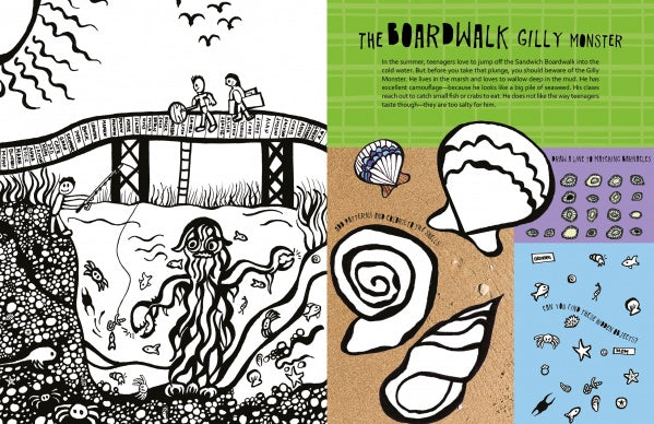 Wicked Creatures of Cape Cod and the Islands by Schiffer Publishing, Ltd. is a unique children's activity book featuring black-and-white boardwalk art, a tentacled sea monster, shell stickers, and Cape Cod legends on a green background.