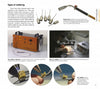 A magazine page features "Basic Metal Jewelry Techniques" by Schiffer Publishing, Ltd., with images and details on soldering tools like irons, butane torches, precision stations, and jewelry-making methods in metallurgy.