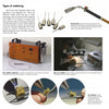 A magazine page features "Basic Metal Jewelry Techniques" by Schiffer Publishing, Ltd., with images and details on soldering tools like irons, butane torches, precision stations, and jewelry-making methods in metallurgy.