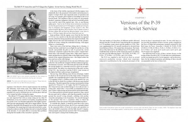 Two pages from Schiffer Publishing, Ltd.’s "The Bell P-39 Airacobra and P-63 Kingcobra Fighters": one page with text and two B&W photos, the other with a large image of Lend-Lease P-39s lined up on an airfield.