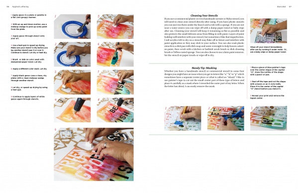 The Painted Word by Schiffer Publishing, Ltd. provides step-by-step mixed media art tutorials with photos of hands painting, using stencils, and blending colors on paper. Instructions and descriptions are printed beside the images on a white background.