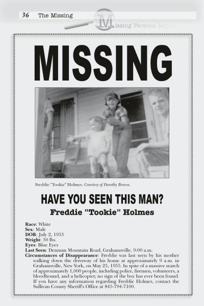 A black-and-white missing person flyer with a photo of Freddie Tookie Holmes, featured in "Gone Missing in New York" by Schiffer Publishing, Ltd., lists his description, his 1983 disappearance, and a contact number for tips.