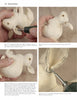 Four step-by-step photos from Carving Animals -- Bunnies and Chipmunks by Schiffer Publishing, Ltd. show hands using a rotary tool to carve a wooden bunny, with close-ups detailing each stage of the animal carving process.