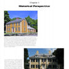 A page from "Today's Historic Interiors" by Schiffer Publishing, Ltd. features two historic houses—one yellow with white trim, and a larger cream-colored one with columns and dormer windows—showcasing historic home renovation.