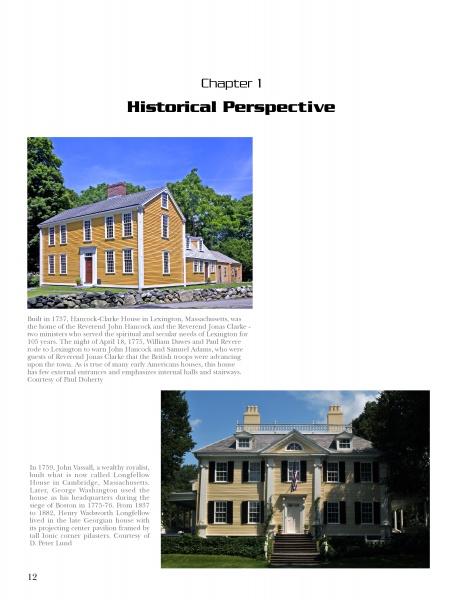A page from "Today's Historic Interiors" by Schiffer Publishing, Ltd. features two historic houses—one yellow with white trim, and a larger cream-colored one with columns and dormer windows—showcasing historic home renovation.