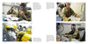 Four images depict uniformed personnel using computers and communication equipment aboard a Schiffer Publishing, Ltd. E-8 JSTARS aircraft, plus a close-up of a yellow and black robot in the technical control room.