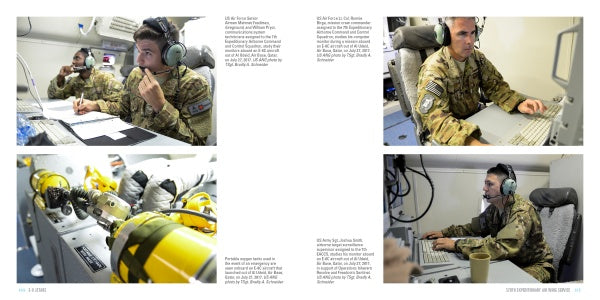 Four images depict uniformed personnel using computers and communication equipment aboard a Schiffer Publishing, Ltd. E-8 JSTARS aircraft, plus a close-up of a yellow and black robot in the technical control room.