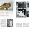 A two-page spread from "The Fashion Shoe" by Schiffer Publishing, Ltd. shows a gold high heel on the left and early 1900s women’s fashion photos with text about historic footwear trends on the right.
