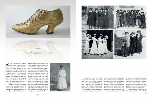 A two-page spread from "The Fashion Shoe" by Schiffer Publishing, Ltd. shows a gold high heel on the left and early 1900s women’s fashion photos with text about historic footwear trends on the right.