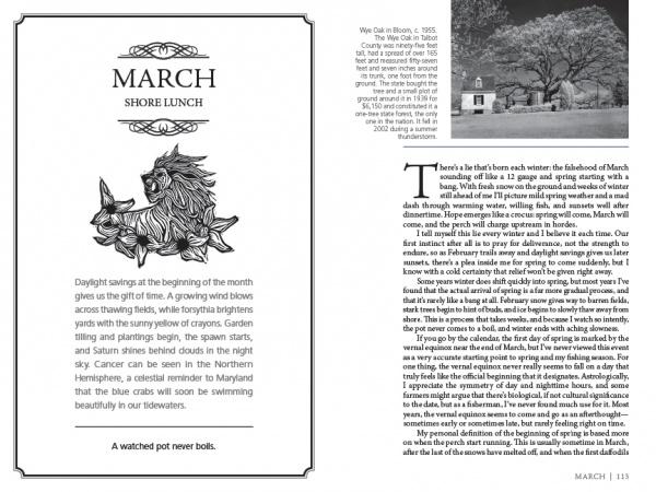 A spread from "Fly Fishing the Tidewaters of Maryland's Chesapeake Bay" by Schiffer Publishing, Ltd. shows a lion illustration, a “March Shore Lunch” column on seasonal change, the proverb “A watched pot never boils,” and a house photo.