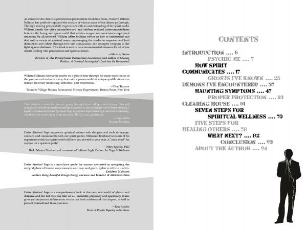 The contents page of Under Spiritual Siege by Schiffer Publishing, Ltd. features chapter titles on the right, a suited man's silhouette at the bottom right, and gray review quotes on the left, all in a clean black-and-white paranormal-themed design.