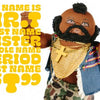 A doll with a mohawk, gold chains, and a denim vest raises its arms—modern folk art featured in "I Pity the Dolls" by Schiffer Publishing, Ltd. Yellow text: The name is MR. T. First name Mister. Middle name Period. Last name T.