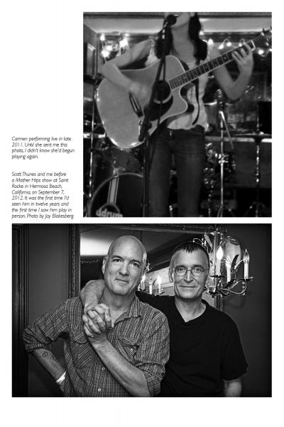 Top: Woman playing acoustic guitar on stage, shown from shoulders down. Bottom: Two smiling men with glasses, posing indoors—capturing the spirit of the Los Angeles music scene featured in Ghosts and Ballyhoo by Schiffer Publishing, Ltd.