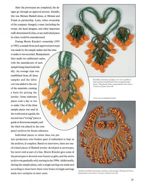 A magazine page showcases Miriam Haskell Jewelry by Schiffer Publishing, Ltd.: vintage costume pieces with green and orange beads, two necklaces, close-up photos, and text detailing their design and creation.