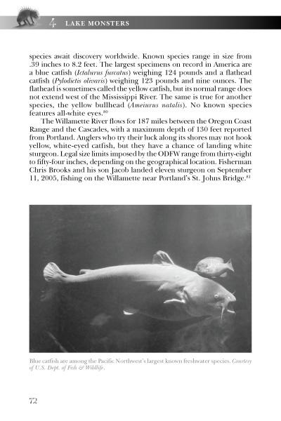 A black-and-white photo shows two large, pale river carps swimming above a rocky riverbed. The text from "Strange Monsters of the Pacific Northwest" by Schiffer Publishing, Ltd. discusses American fish and rumored sea monsters. Page 72.