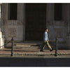 In this post-WWII style scene, a person in Rugged Style War—Rome by Schiffer Publishing, Ltd. walks past an ornate stone building with tall columns, sunlight casting shadows on the sidewalk.