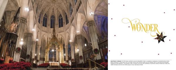 The interior of a grand cathedral adorned for Christmas evokes New York's winter charm. On the right, white space with “WONDER” in gold script and a star. ’Tis the Season New York by Schiffer Publishing, Ltd.